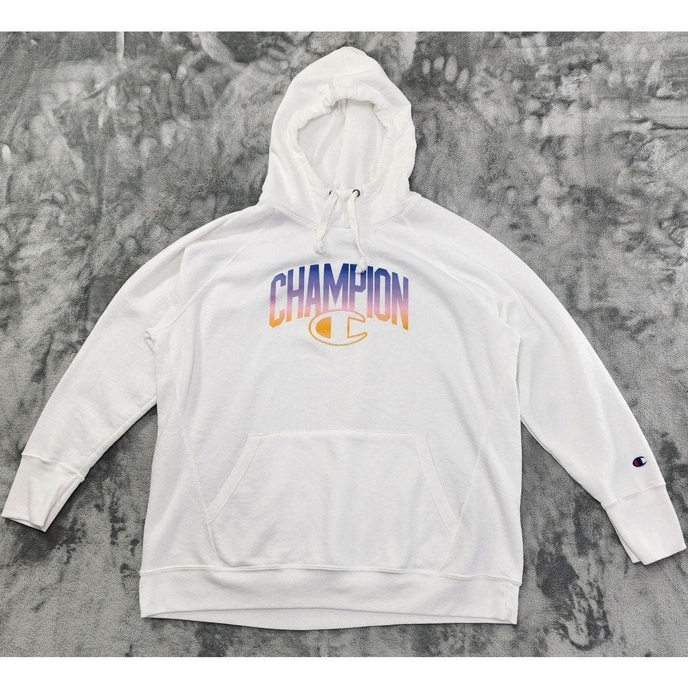 Champion Hoodie Womens 1X White Ombre Logo Powerblend Fleece Pullover Athleisure